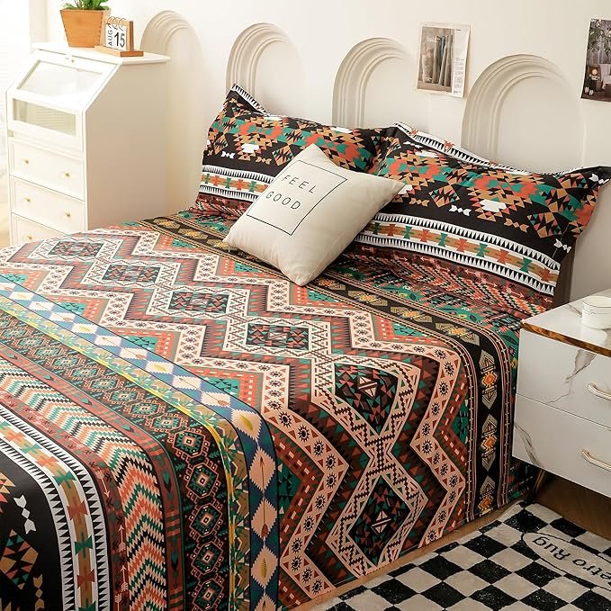 Story@Home bedsheet for Double Bed Queen Size 240TC Satin Finish, Microfiber Double Bed bedsheet, 225X250cm with 2 Pillow Covers, Beige & Black, Aztec | Perfect for Festive Gifting - Image 3