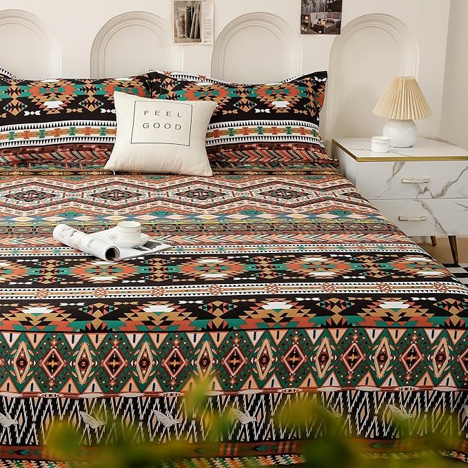 Story@Home bedsheet for Double Bed Queen Size 240TC Satin Finish, Microfiber Double Bed bedsheet, 225X250cm with 2 Pillow Covers, Beige & Black, Aztec | Perfect for Festive Gifting - Image 2