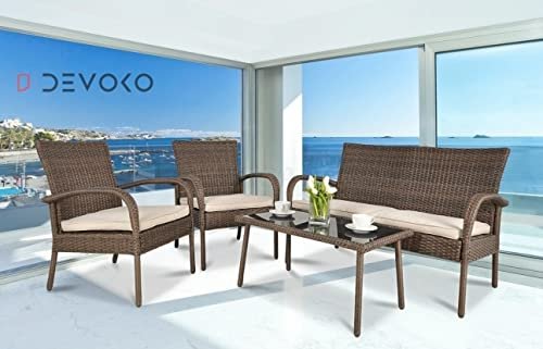 DEVOKO Outdoor Patio Furniture Sofa Set, 4-Piece Conversation Set Waterproof with Washable Soft Cushion and Center Table, Wicker Rattan for Gardens and Balcony (Beige & White)