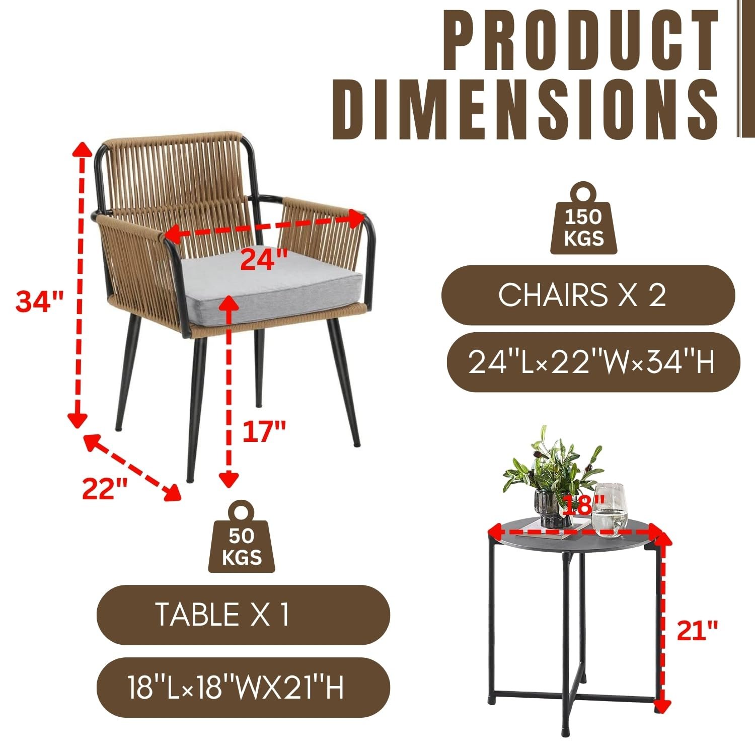 DEVOKO Transform Your Outdoor Space with Our 3 Piece Patio Rope Furniture Set - Perfect for Terrace, Garden, Balcony, Porch, Deck and Yard (Beige and Cream) - Image 2
