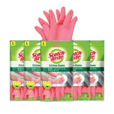 Scotch-Brite Latex Kitchen Gloves (Pink, Large) - Pack of 5 pairs