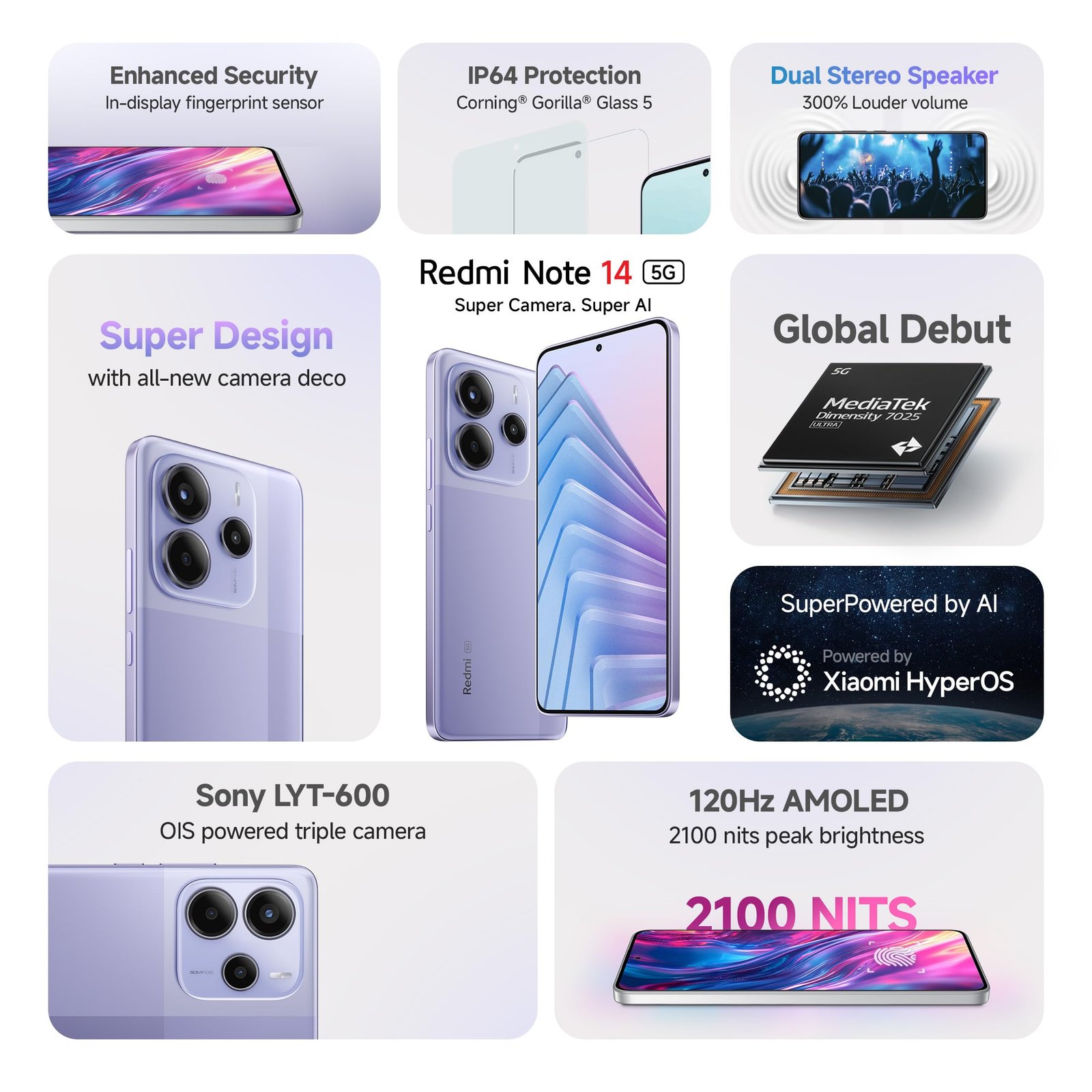 Redmi Note 14 5G (Mystique White, 8GB RAM 256GB Storage) | Global Debut MTK Dimensity 7025 Ultra | 2100 nits Segment Brightest 120Hz AMOLED | 50MP Sony LYT 600 OIS+EIS Triple Camera - Image 2