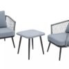 DEVOKO 3 Piece Patio Rope Set Outdoor Woven Rope Conversation Balcony Furniture With Glass Top Table And Cushioned Chairs For Garden (Grey And White), (76 X 89 X 65Cm)