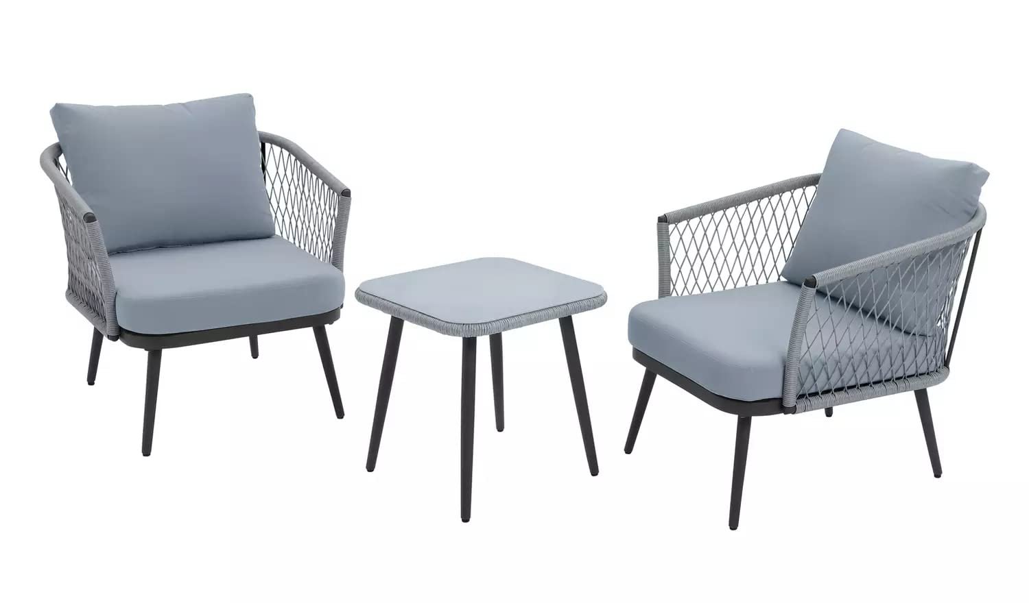 DEVOKO 3 Piece Patio Rope Set Outdoor Woven Rope Conversation Balcony Furniture With Glass Top Table And Cushioned Chairs For Garden (Grey And White), (76 X 89 X 65Cm)